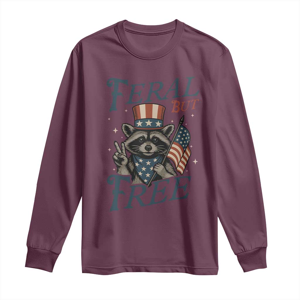 Funny Raccoon Patriotic Long Sleeve Shirt Feral But Free 4th Of July American Flag