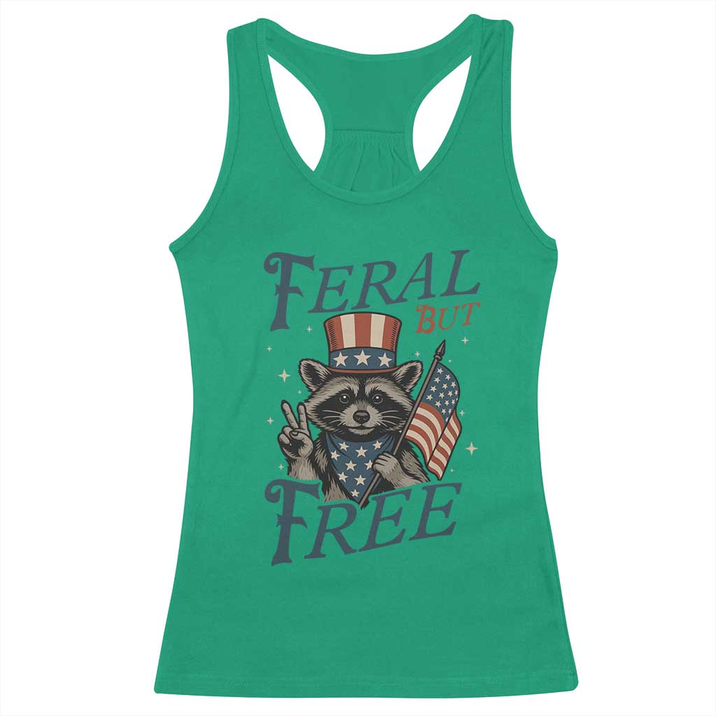 Funny Raccoon Patriotic Racerback Tank Top Feral But Free 4th Of July American Flag