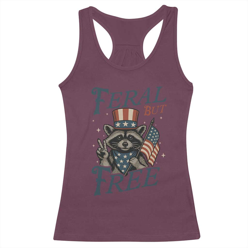 Funny Raccoon Patriotic Racerback Tank Top Feral But Free 4th Of July American Flag