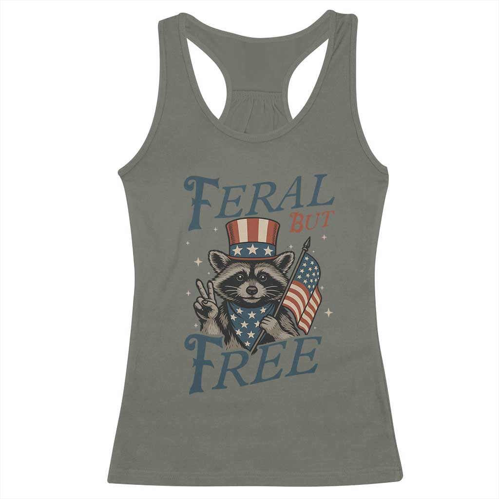 Funny Raccoon Patriotic Racerback Tank Top Feral But Free 4th Of July American Flag