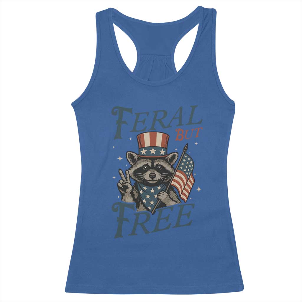 Funny Raccoon Patriotic Racerback Tank Top Feral But Free 4th Of July American Flag