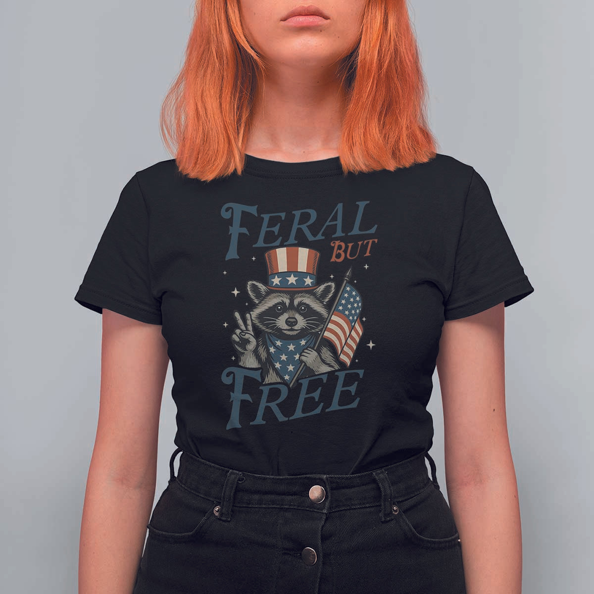 Funny Raccoon Patriotic T Shirt For Women Feral But Free 4th Of July American Flag