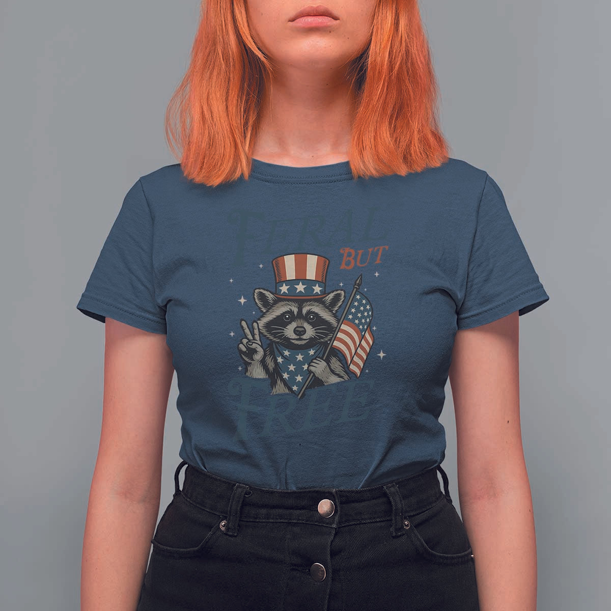 Funny Raccoon Patriotic T Shirt For Women Feral But Free 4th Of July American Flag