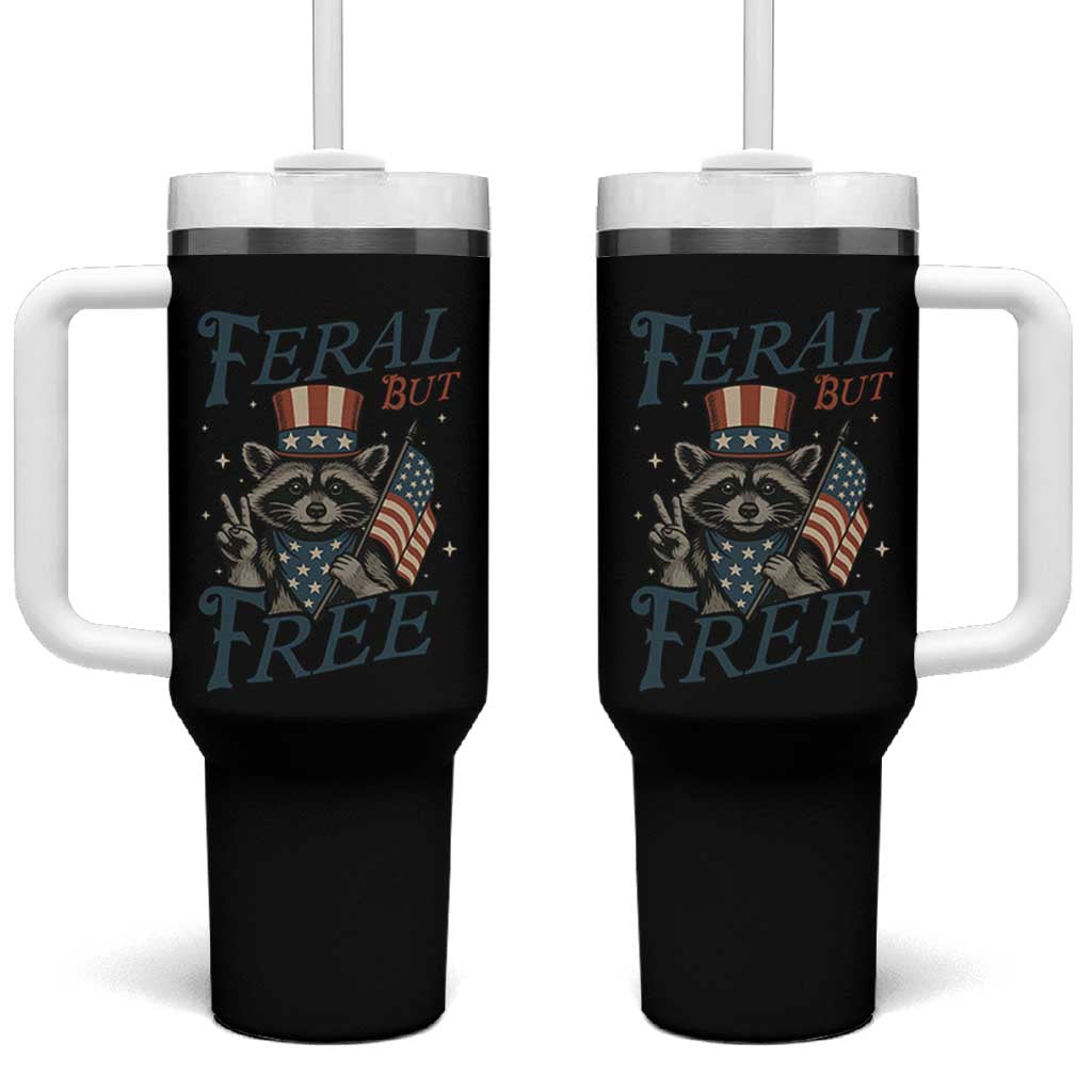 Funny Raccoon Patriotic Tumbler With Handle Feral But Free 4th Of July American Flag