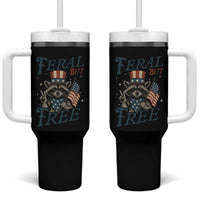 Funny Raccoon Patriotic Tumbler With Handle Feral But Free 4th Of July American Flag
