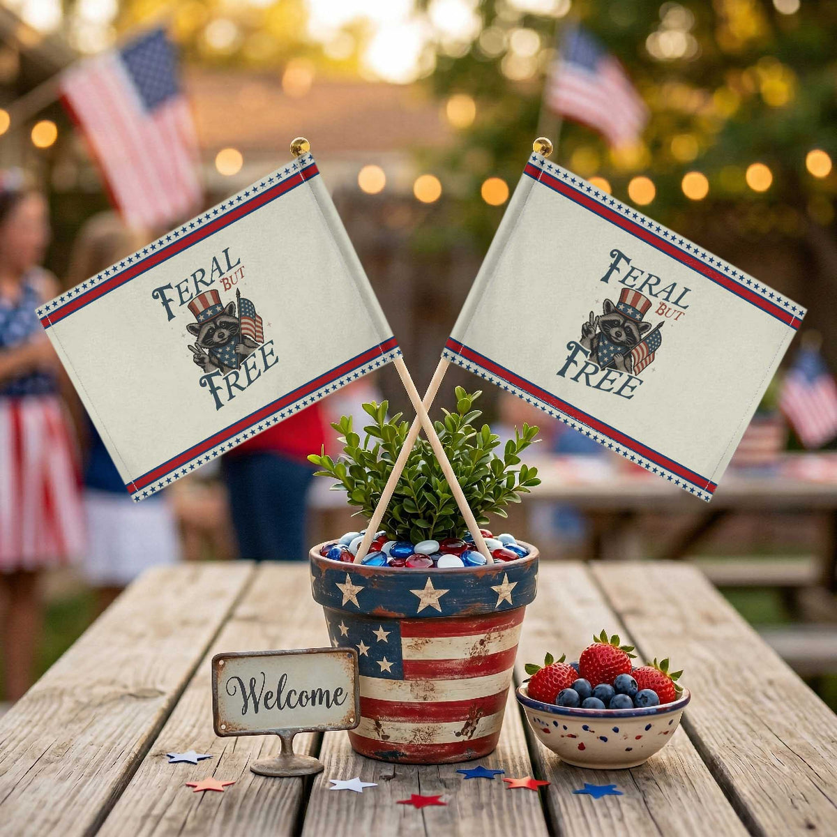 Funny Raccoon Patriotic Patriotic Handheld Flag Feral But Free 4th Of July American Flag