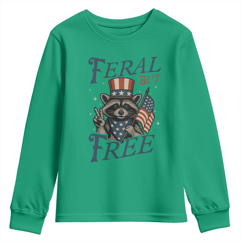 Funny Raccoon Patriotic Youth Sweatshirt Feral But Free 4th Of July American Flag