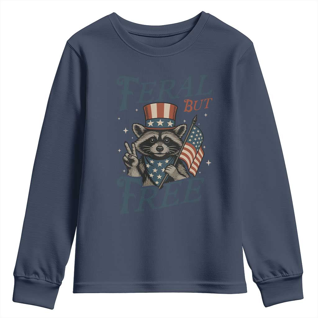 Funny Raccoon Patriotic Youth Sweatshirt Feral But Free 4th Of July American Flag