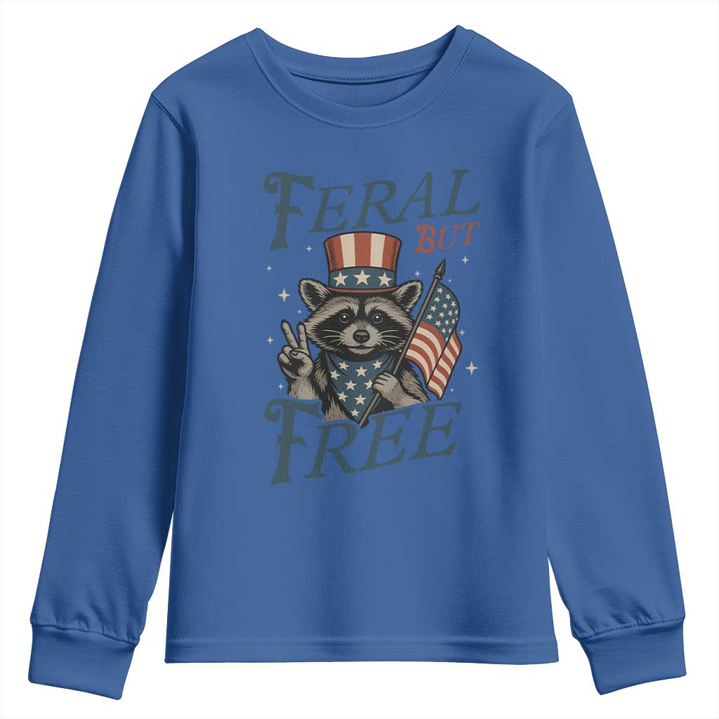 Funny Raccoon Patriotic Youth Sweatshirt Feral But Free 4th Of July American Flag