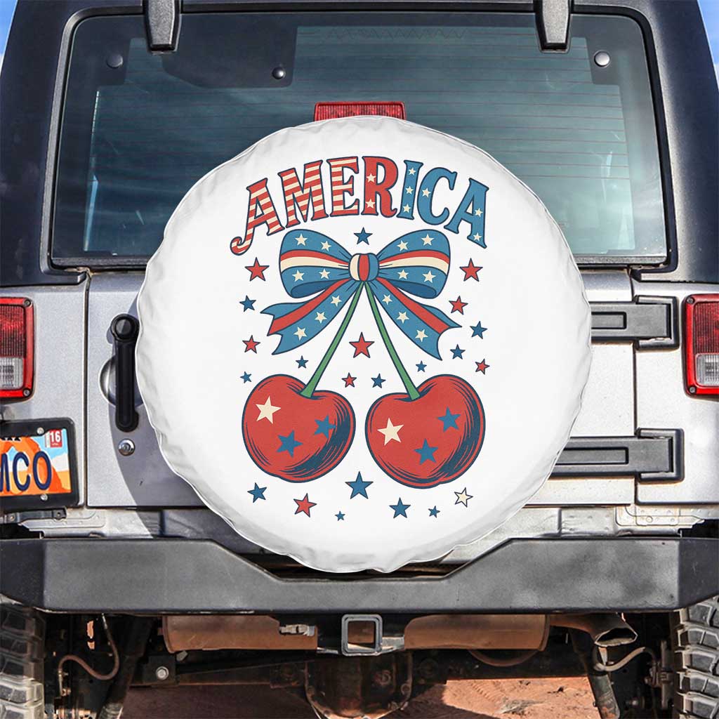 Retro Americana Cherries and Stars Coquette Bow Spare Tire Cover America Cute Patriotic 4th Of July US