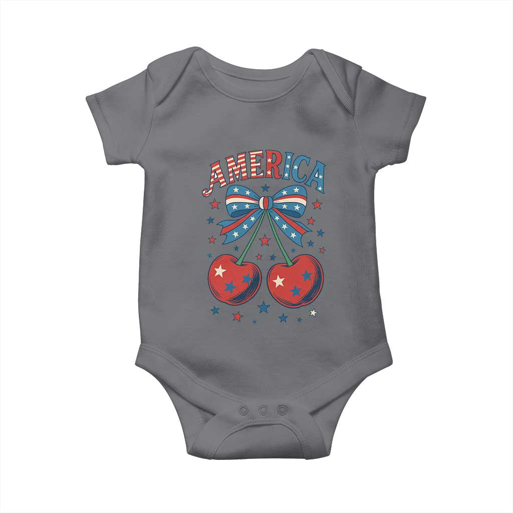 Retro Americana Cherries and Stars Coquette Bow Baby Onesie America Cute Patriotic 4th Of July US