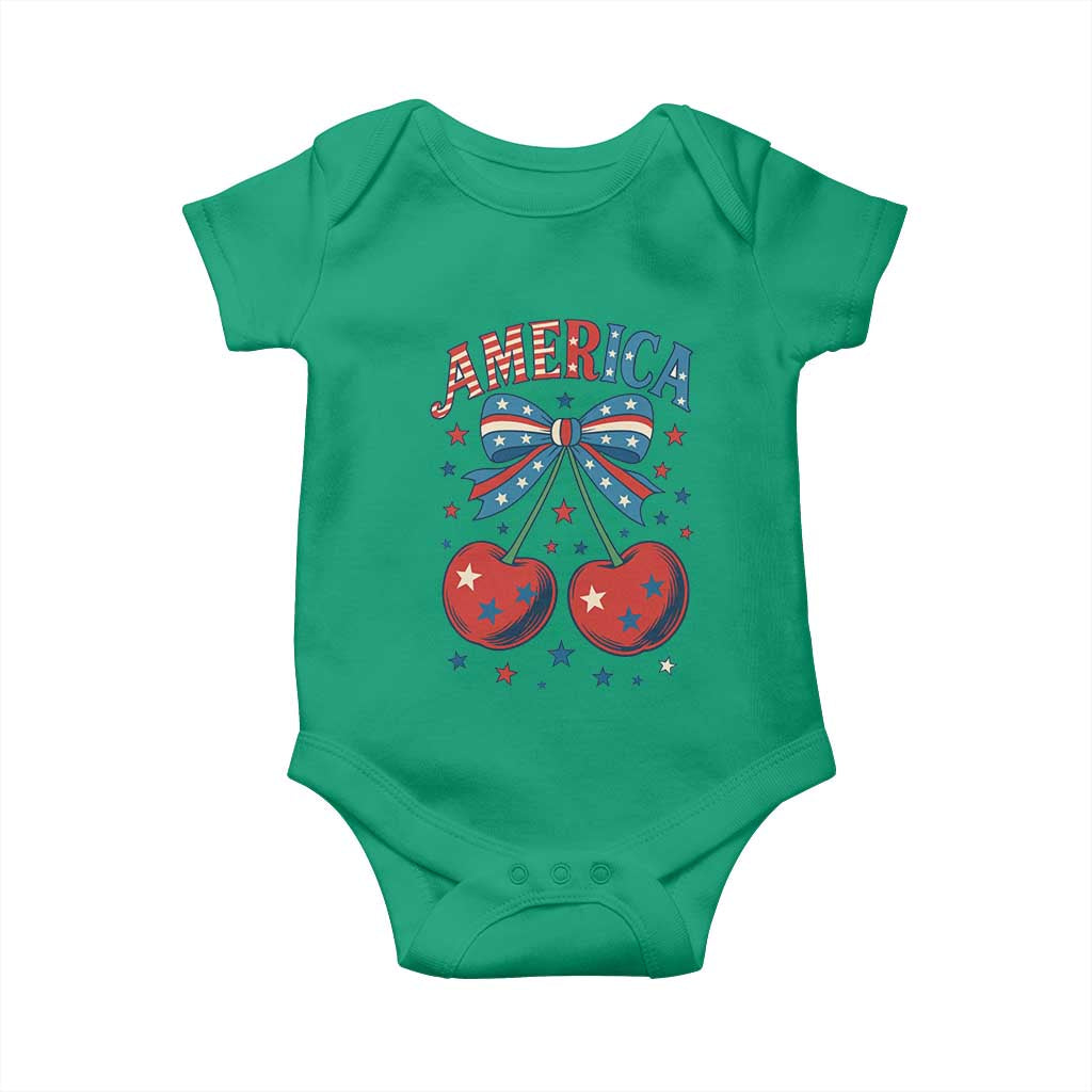 Retro Americana Cherries and Stars Coquette Bow Baby Onesie America Cute Patriotic 4th Of July US