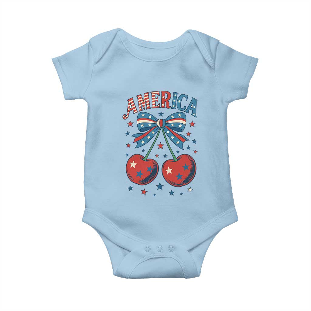 Retro Americana Cherries and Stars Coquette Bow Baby Onesie America Cute Patriotic 4th Of July US