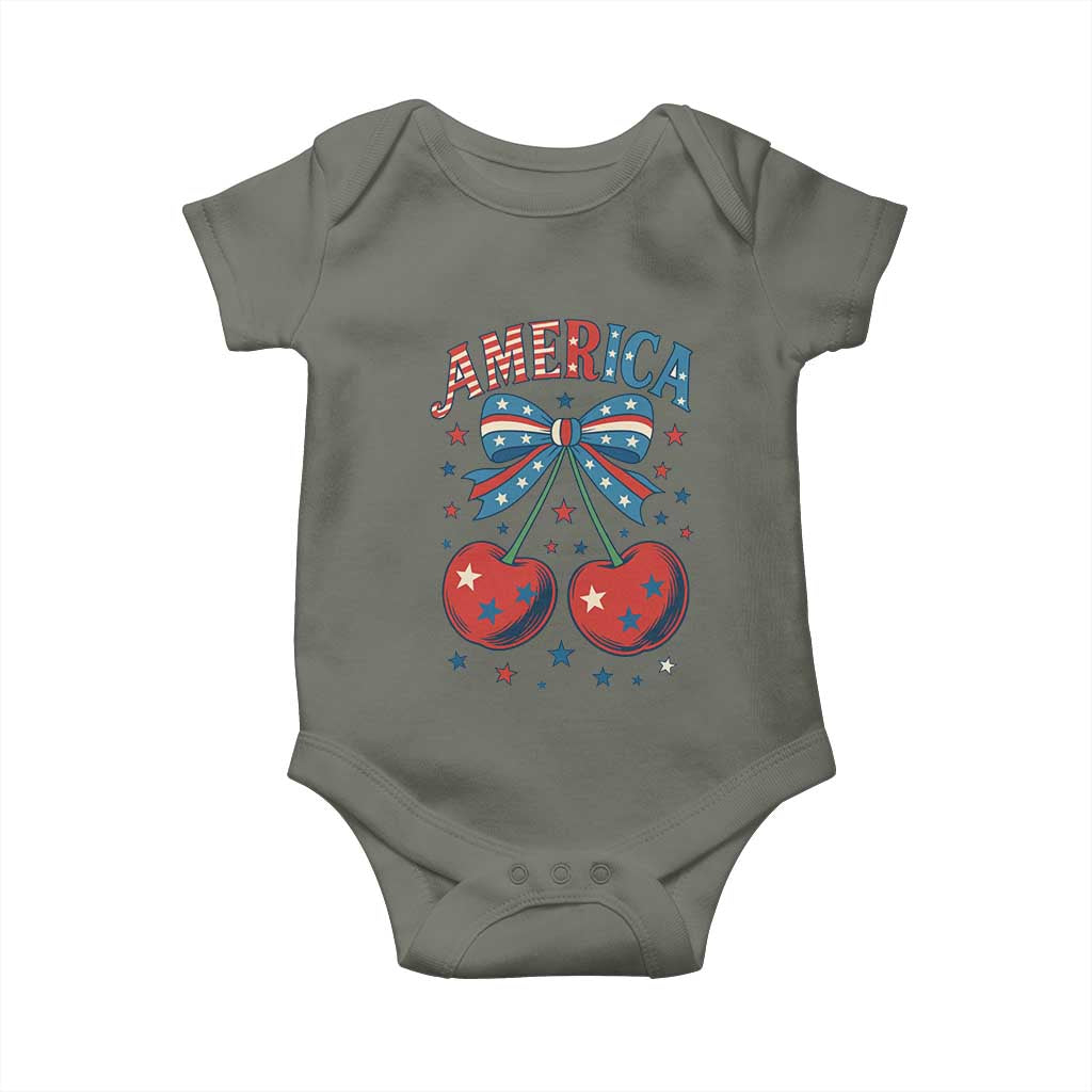 Retro Americana Cherries and Stars Coquette Bow Baby Onesie America Cute Patriotic 4th Of July US