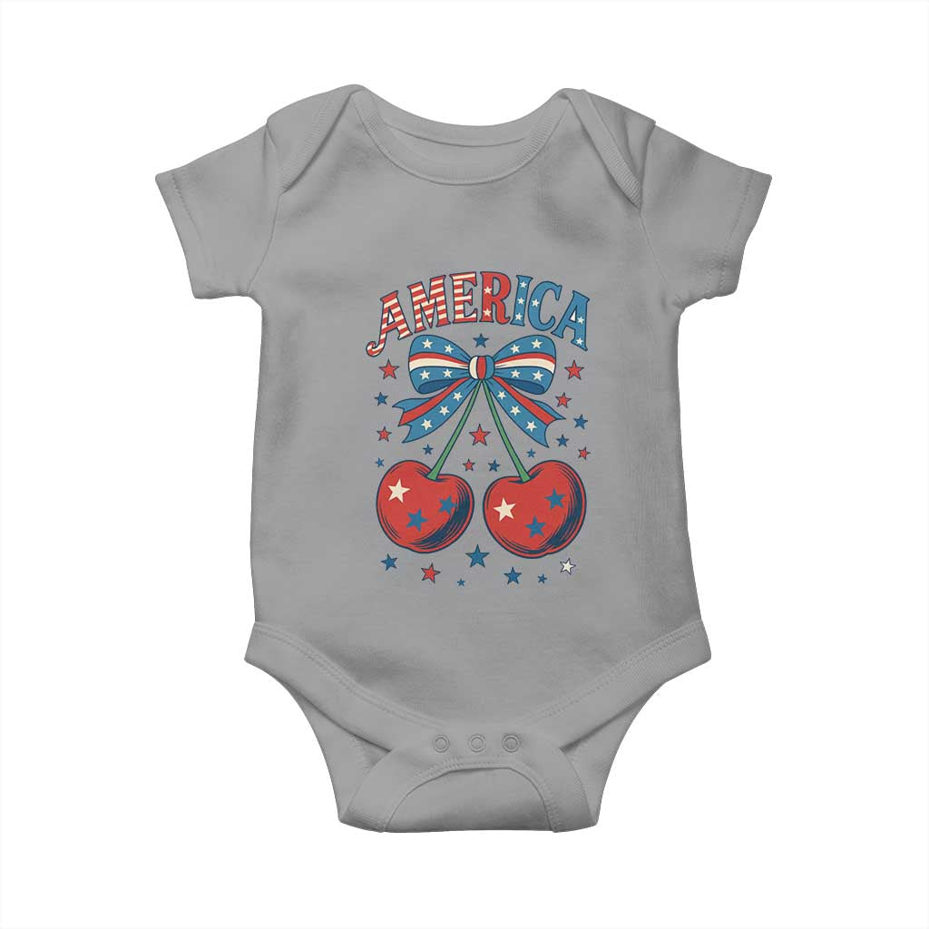 Retro Americana Cherries and Stars Coquette Bow Baby Onesie America Cute Patriotic 4th Of July US