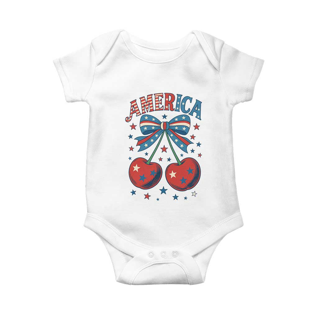 Retro Americana Cherries and Stars Coquette Bow Baby Onesie America Cute Patriotic 4th Of July US