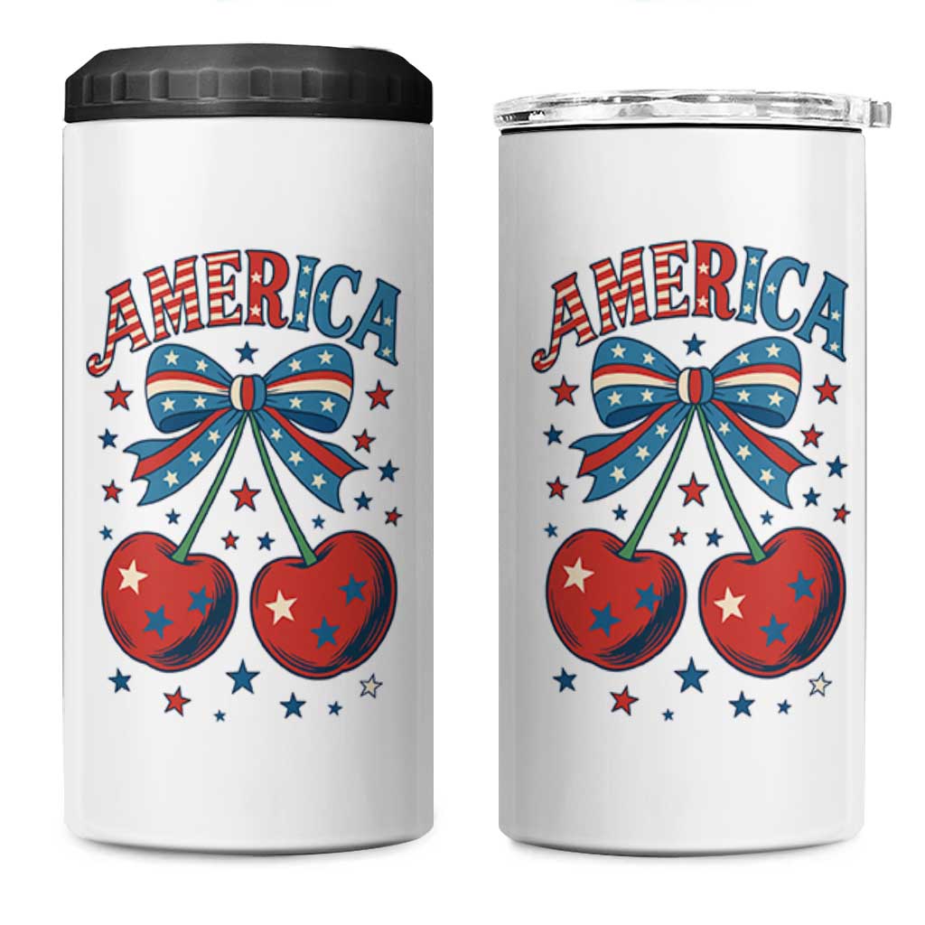 Retro Americana Cherries and Stars Coquette Bow 4 in 1 Can Cooler Tumbler America Cute Patriotic 4th Of July US