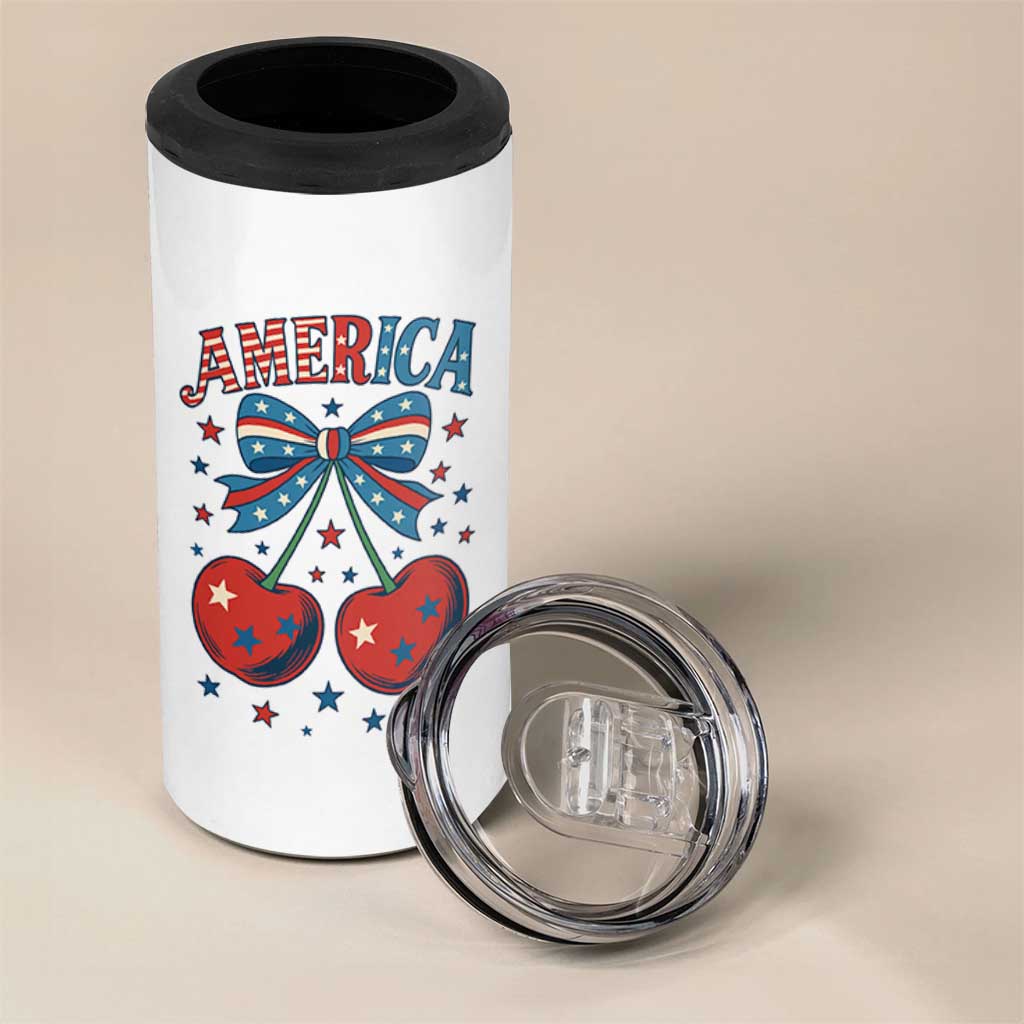 Retro Americana Cherries and Stars Coquette Bow 4 in 1 Can Cooler Tumbler America Cute Patriotic 4th Of July US