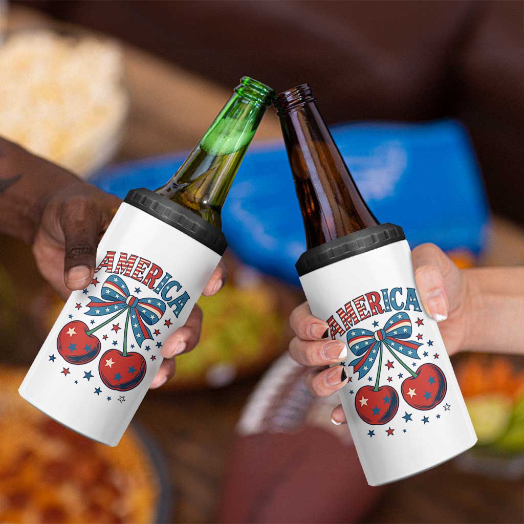 Retro Americana Cherries and Stars Coquette Bow 4 in 1 Can Cooler Tumbler America Cute Patriotic 4th Of July US