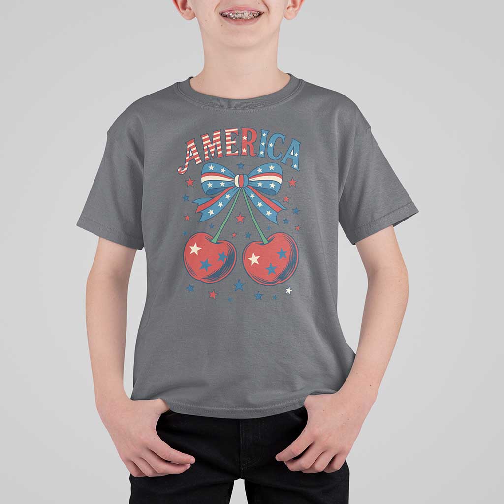 Retro Americana Cherries and Stars Coquette Bow T Shirt For Kid America Cute Patriotic 4th Of July US
