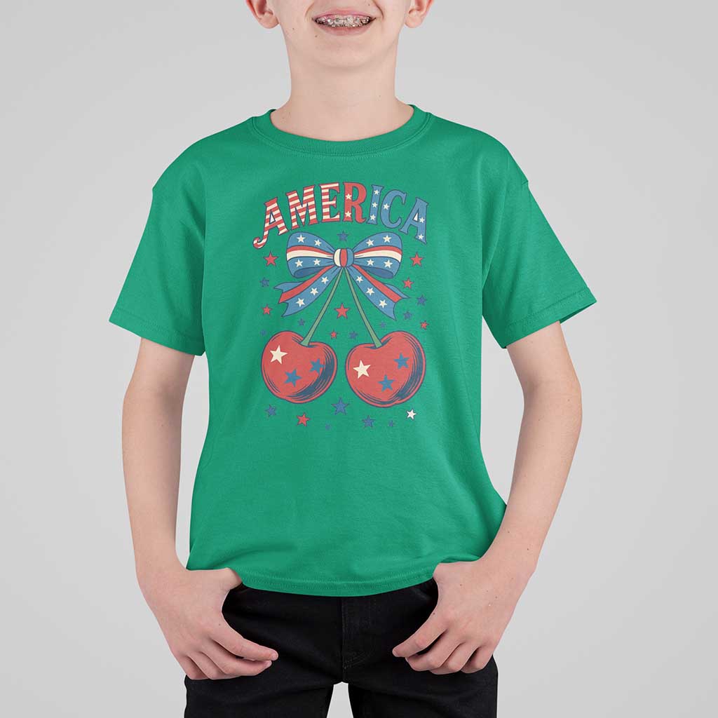 Retro Americana Cherries and Stars Coquette Bow T Shirt For Kid America Cute Patriotic 4th Of July US