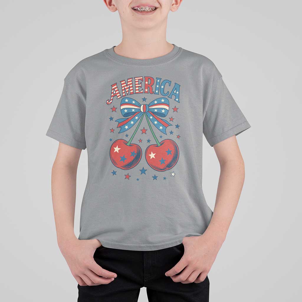 Retro Americana Cherries and Stars Coquette Bow T Shirt For Kid America Cute Patriotic 4th Of July US