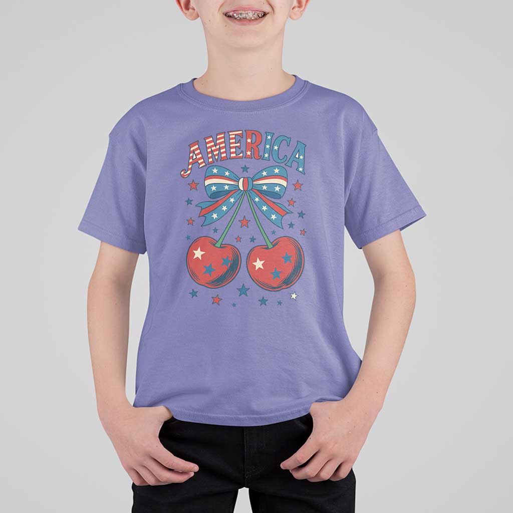 Retro Americana Cherries and Stars Coquette Bow T Shirt For Kid America Cute Patriotic 4th Of July US