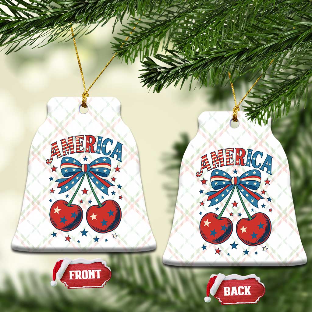Retro Americana Cherries and Stars Coquette Bow Ceramic Ornament America Cute Patriotic 4th Of July US - Wonder Print Shop