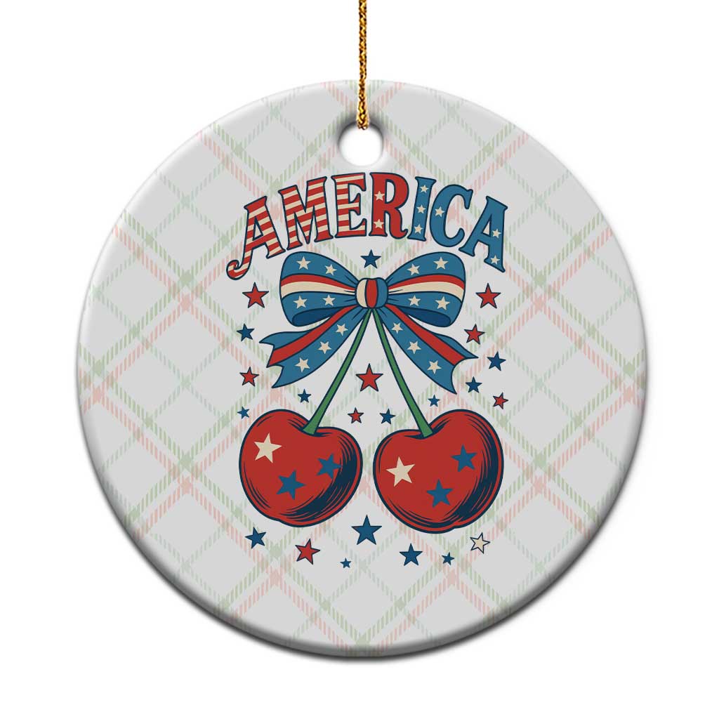 Retro Americana Cherries and Stars Coquette Bow Ceramic Ornament America Cute Patriotic 4th Of July US - Wonder Print Shop