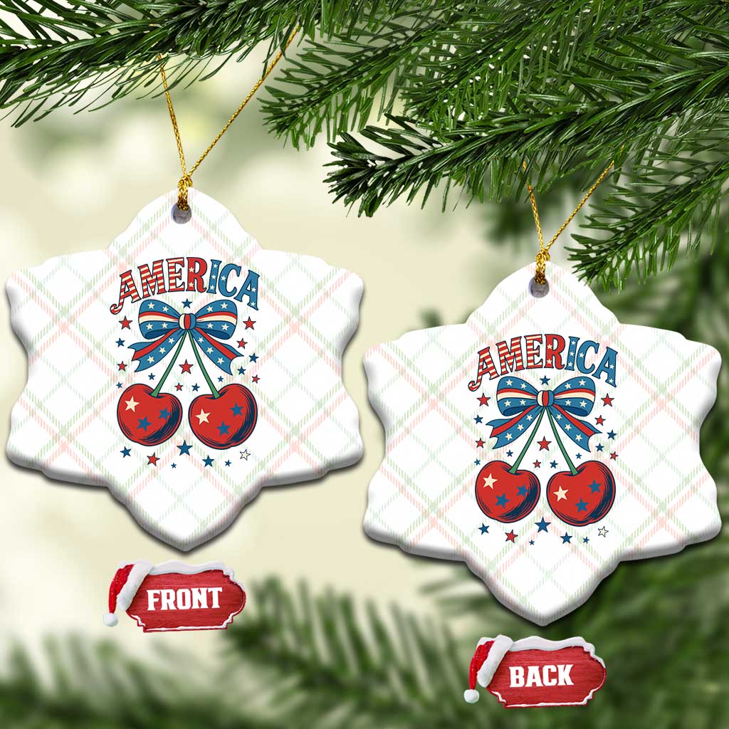 Retro Americana Cherries and Stars Coquette Bow Ceramic Ornament America Cute Patriotic 4th Of July US - Wonder Print Shop