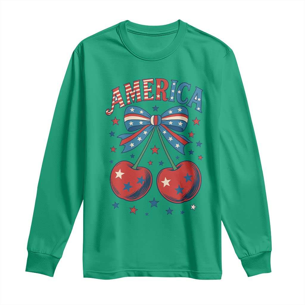 Retro Americana Cherries and Stars Coquette Bow Long Sleeve Shirt America Cute Patriotic 4th Of July US
