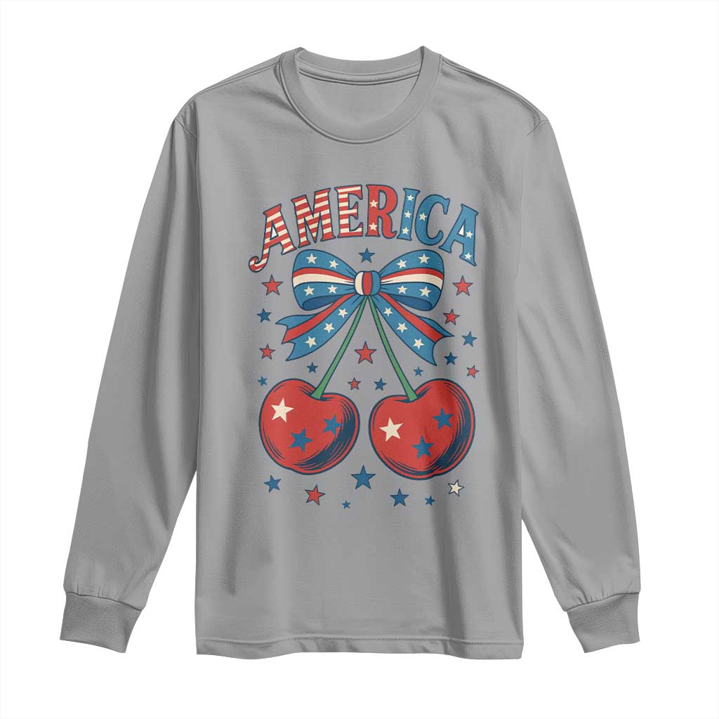 Retro Americana Cherries and Stars Coquette Bow Long Sleeve Shirt America Cute Patriotic 4th Of July US