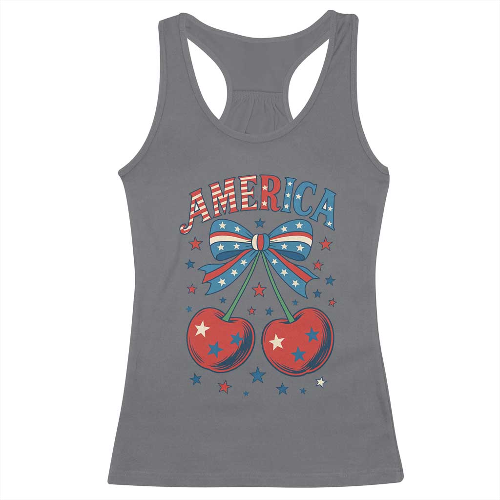 Retro Americana Cherries and Stars Coquette Bow Racerback Tank Top America Cute Patriotic 4th Of July US