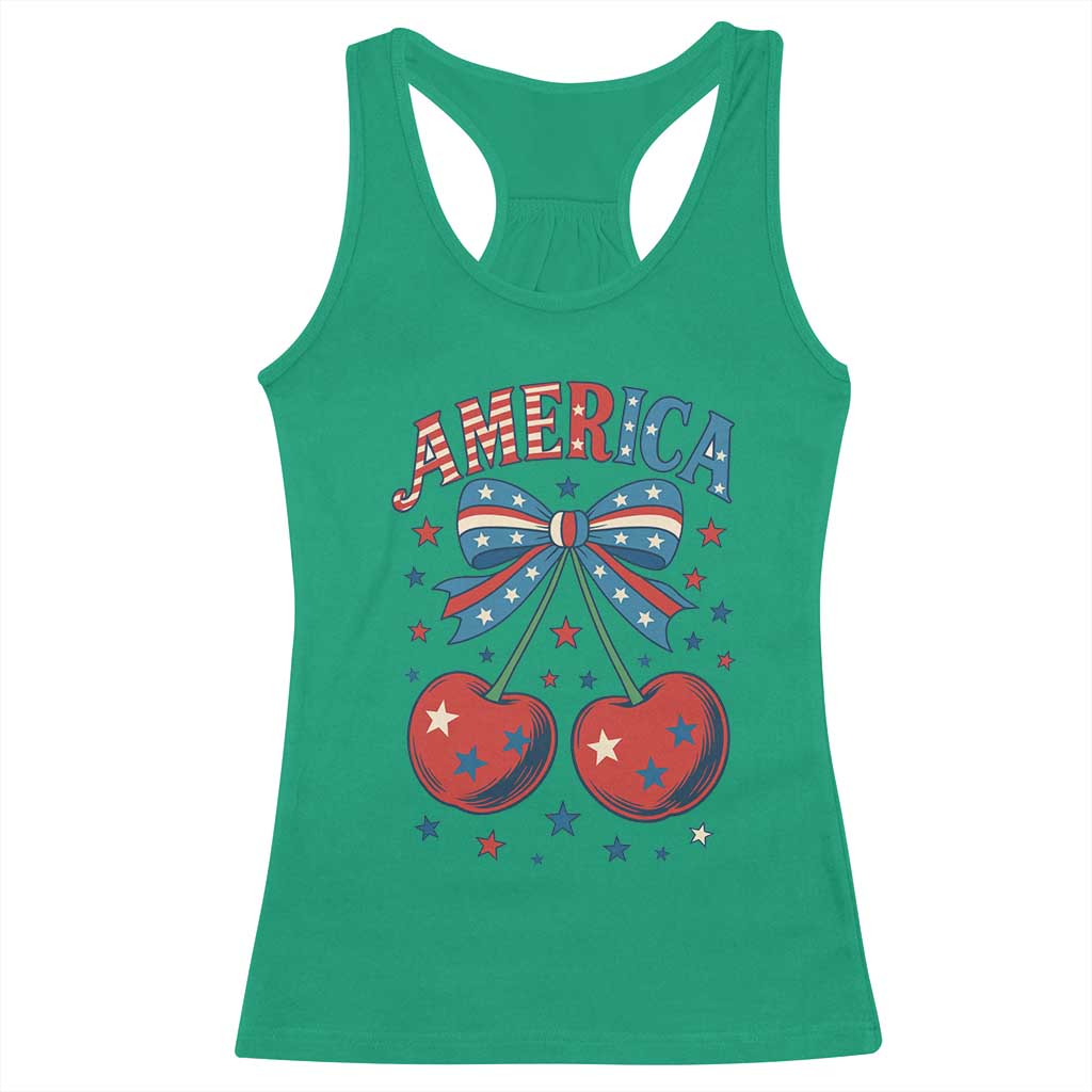 Retro Americana Cherries and Stars Coquette Bow Racerback Tank Top America Cute Patriotic 4th Of July US