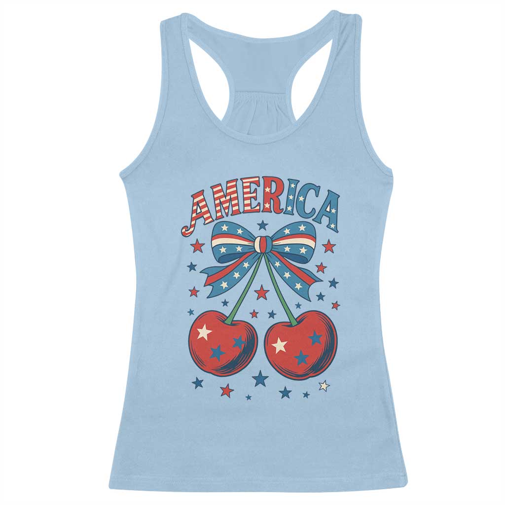 Retro Americana Cherries and Stars Coquette Bow Racerback Tank Top America Cute Patriotic 4th Of July US