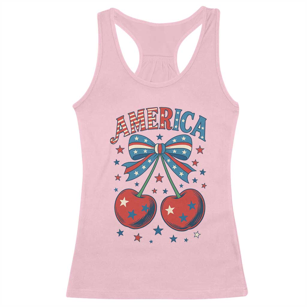 Retro Americana Cherries and Stars Coquette Bow Racerback Tank Top America Cute Patriotic 4th Of July US