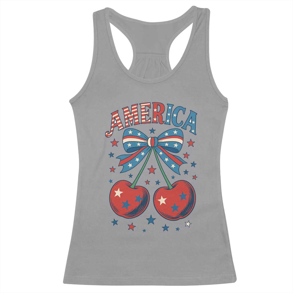 Retro Americana Cherries and Stars Coquette Bow Racerback Tank Top America Cute Patriotic 4th Of July US