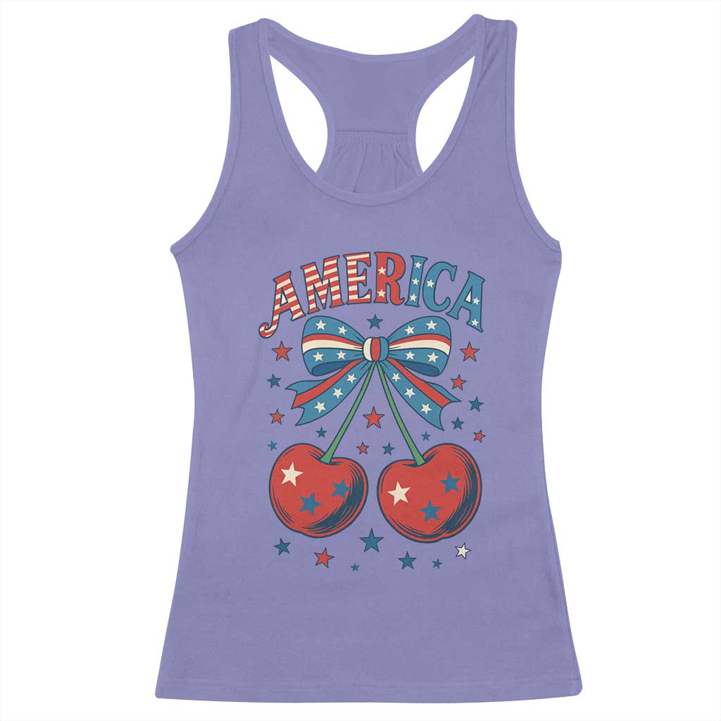 Retro Americana Cherries and Stars Coquette Bow Racerback Tank Top America Cute Patriotic 4th Of July US
