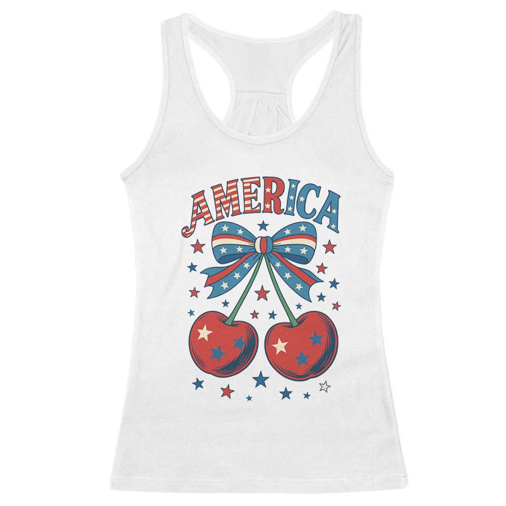Retro Americana Cherries and Stars Coquette Bow Racerback Tank Top America Cute Patriotic 4th Of July US