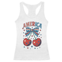 Retro Americana Cherries and Stars Coquette Bow Racerback Tank Top America Cute Patriotic 4th Of July US