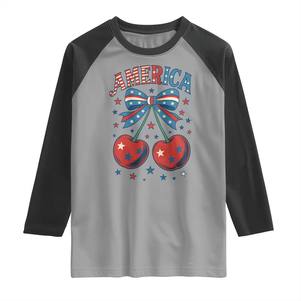 Retro Americana Cherries and Stars Coquette Bow Raglan Shirt America Cute Patriotic 4th Of July US