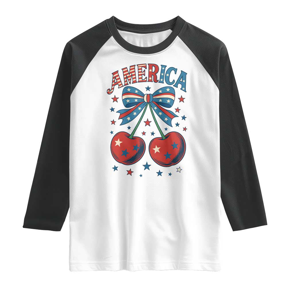 Retro Americana Cherries and Stars Coquette Bow Raglan Shirt America Cute Patriotic 4th Of July US