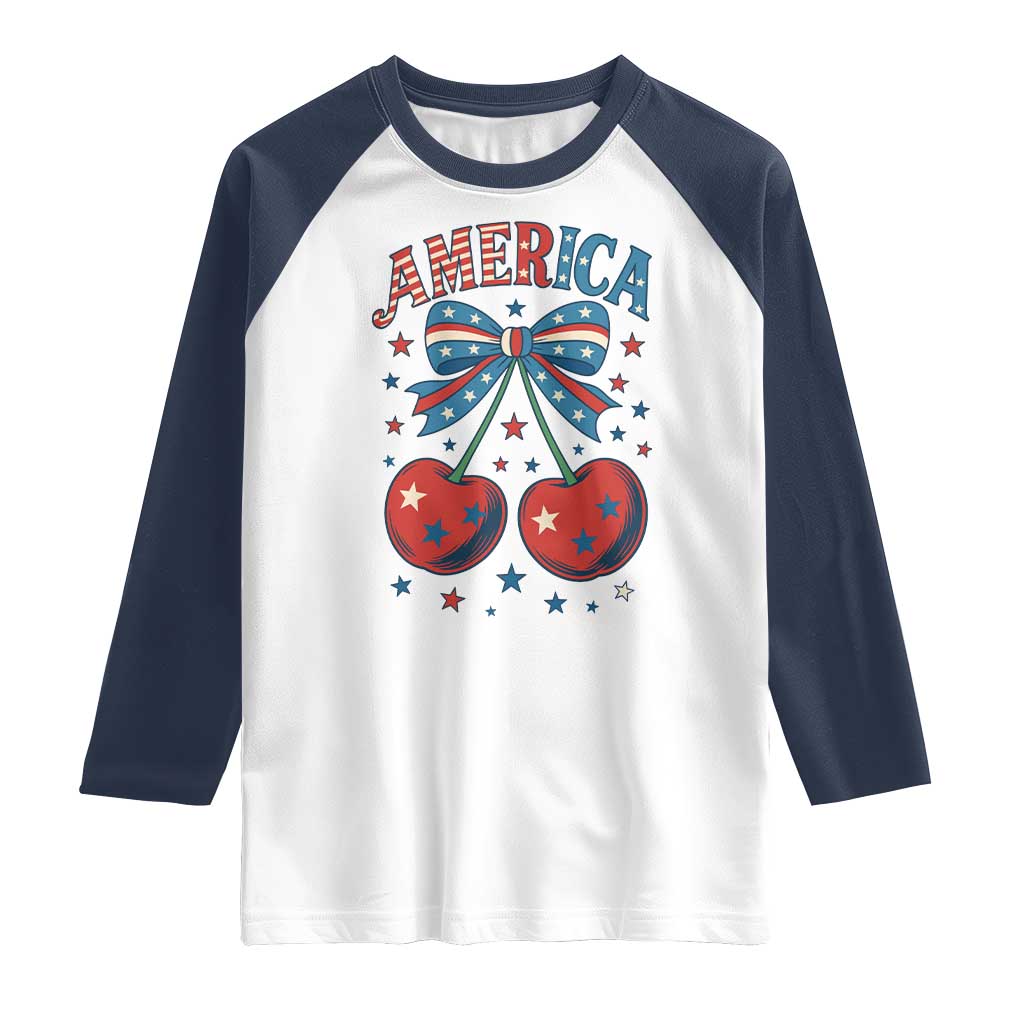 Retro Americana Cherries and Stars Coquette Bow Raglan Shirt America Cute Patriotic 4th Of July US