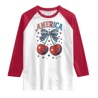 Retro Americana Cherries and Stars Coquette Bow Raglan Shirt America Cute Patriotic 4th Of July US
