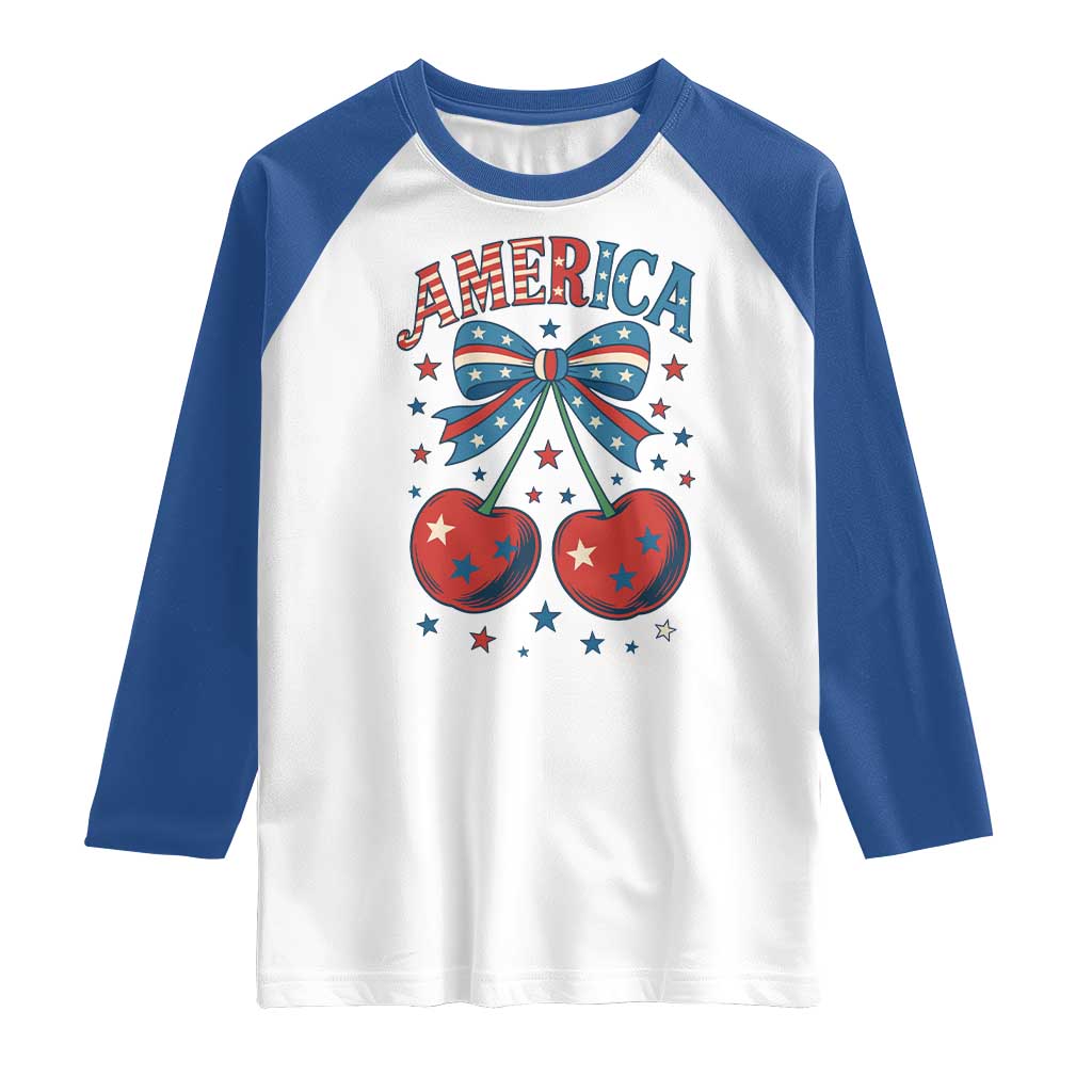 Retro Americana Cherries and Stars Coquette Bow Raglan Shirt America Cute Patriotic 4th Of July US