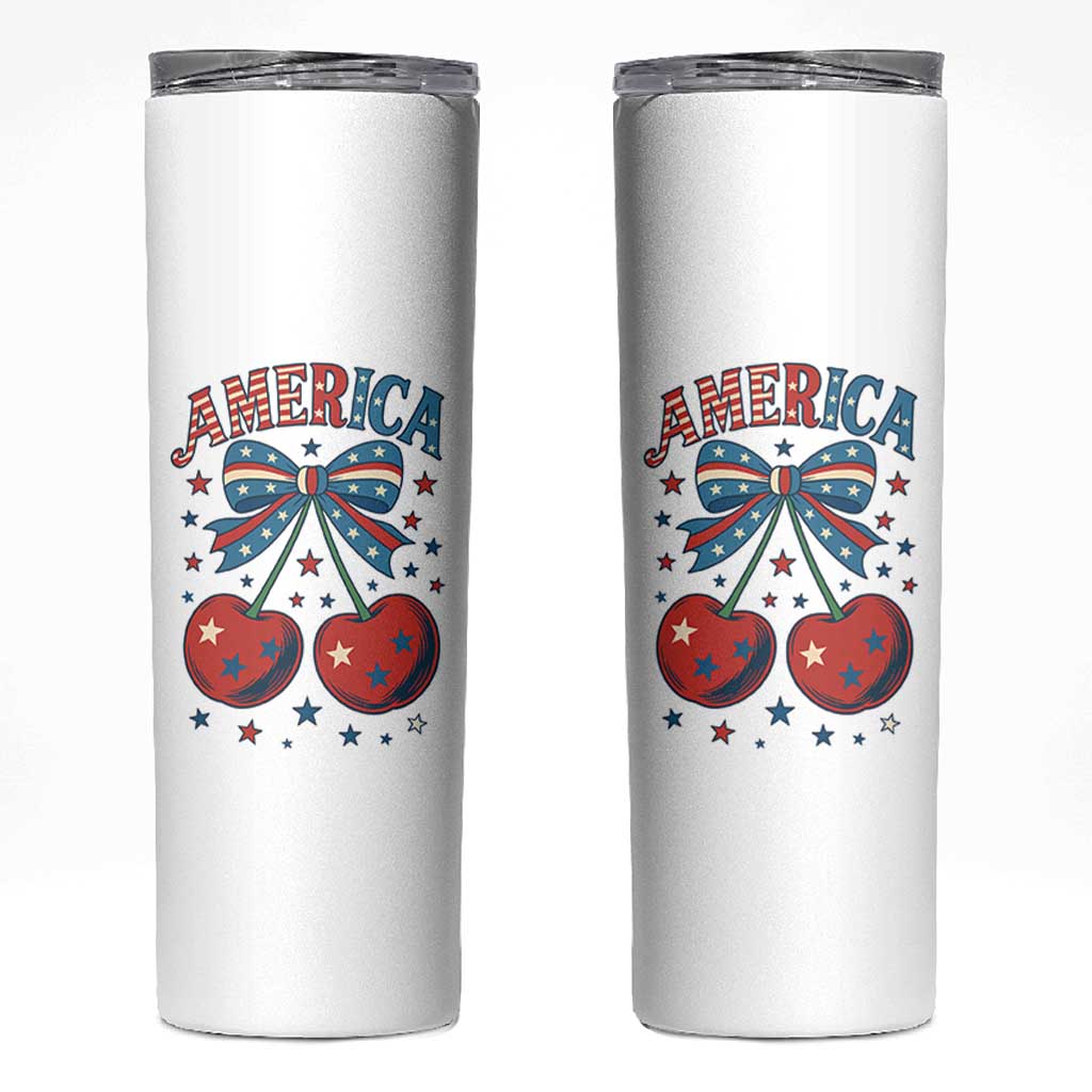 Retro Americana Cherries and Stars Coquette Bow Skinny Tumbler America Cute Patriotic 4th Of July US