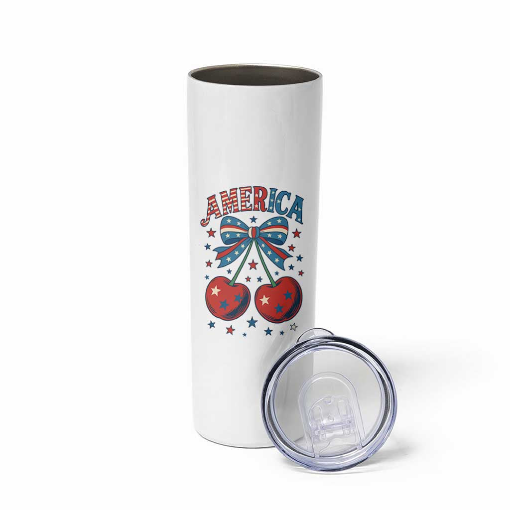 Retro Americana Cherries and Stars Coquette Bow Skinny Tumbler America Cute Patriotic 4th Of July US