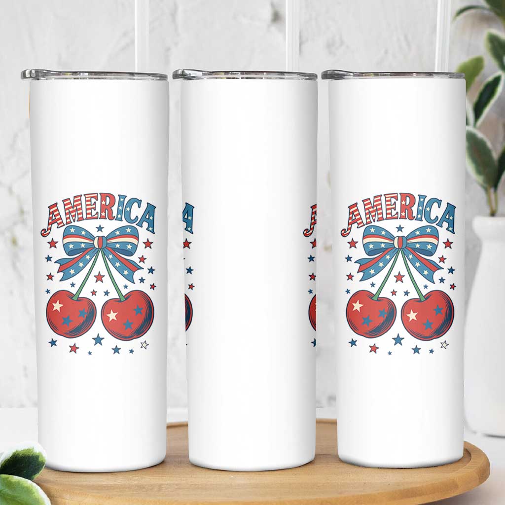 Retro Americana Cherries and Stars Coquette Bow Skinny Tumbler America Cute Patriotic 4th Of July US