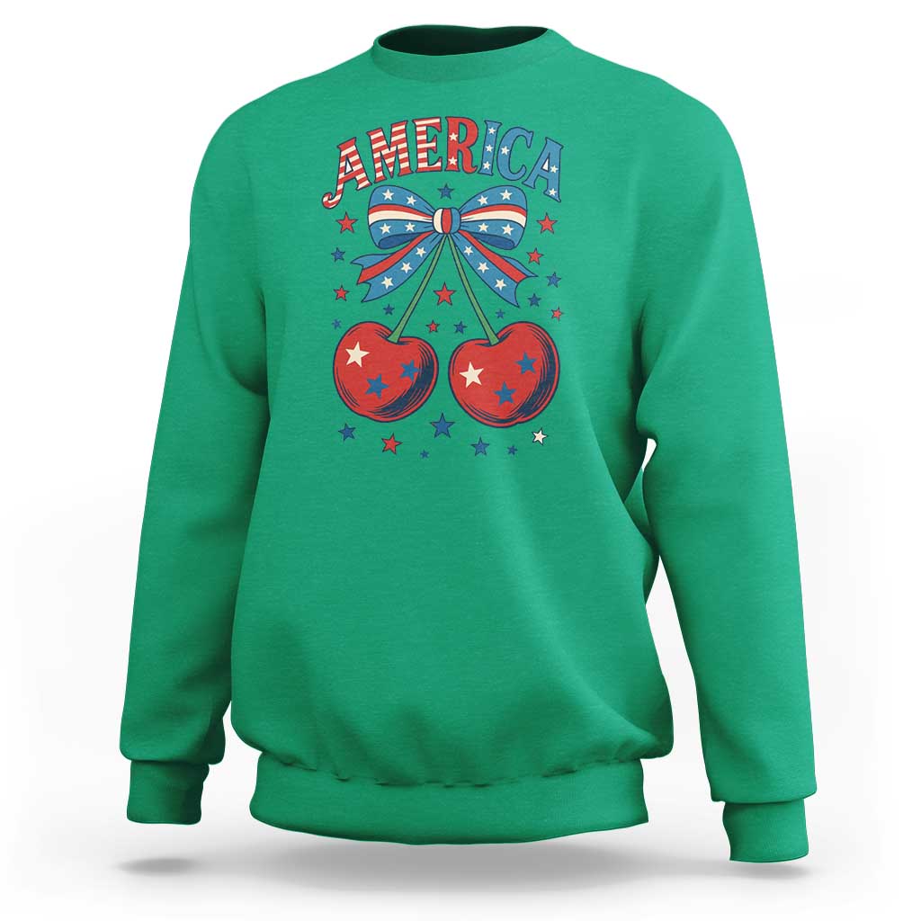 Retro Americana Cherries and Stars Coquette Bow Sweatshirt America Cute Patriotic 4th Of July US