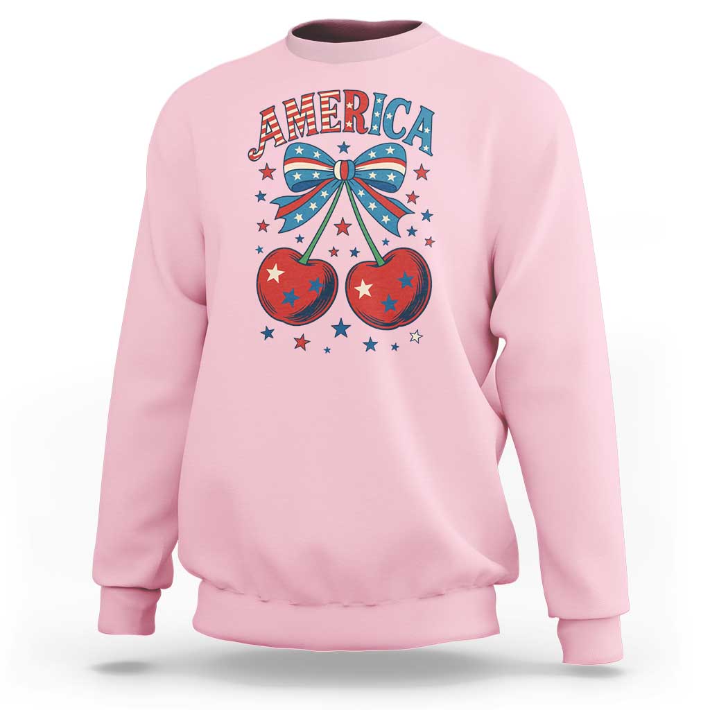 Retro Americana Cherries and Stars Coquette Bow Sweatshirt America Cute Patriotic 4th Of July US